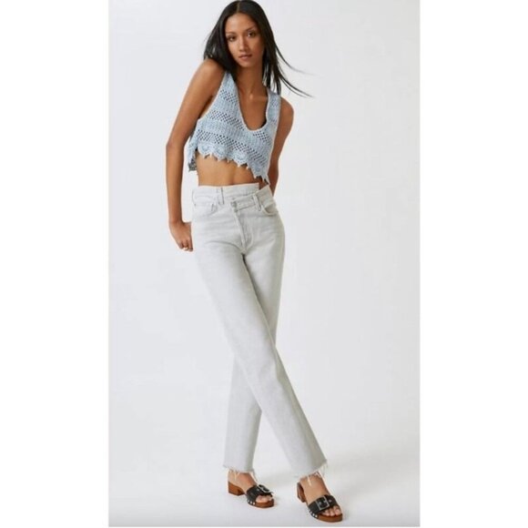 Agolde Criss Cross Jeans Size 24 Gray Frayed Hem Straight Leg High Rise Denim - Picture 1 of 12